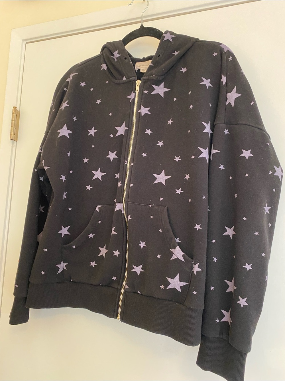 Black Zip Hoodie with Lavender Star Print